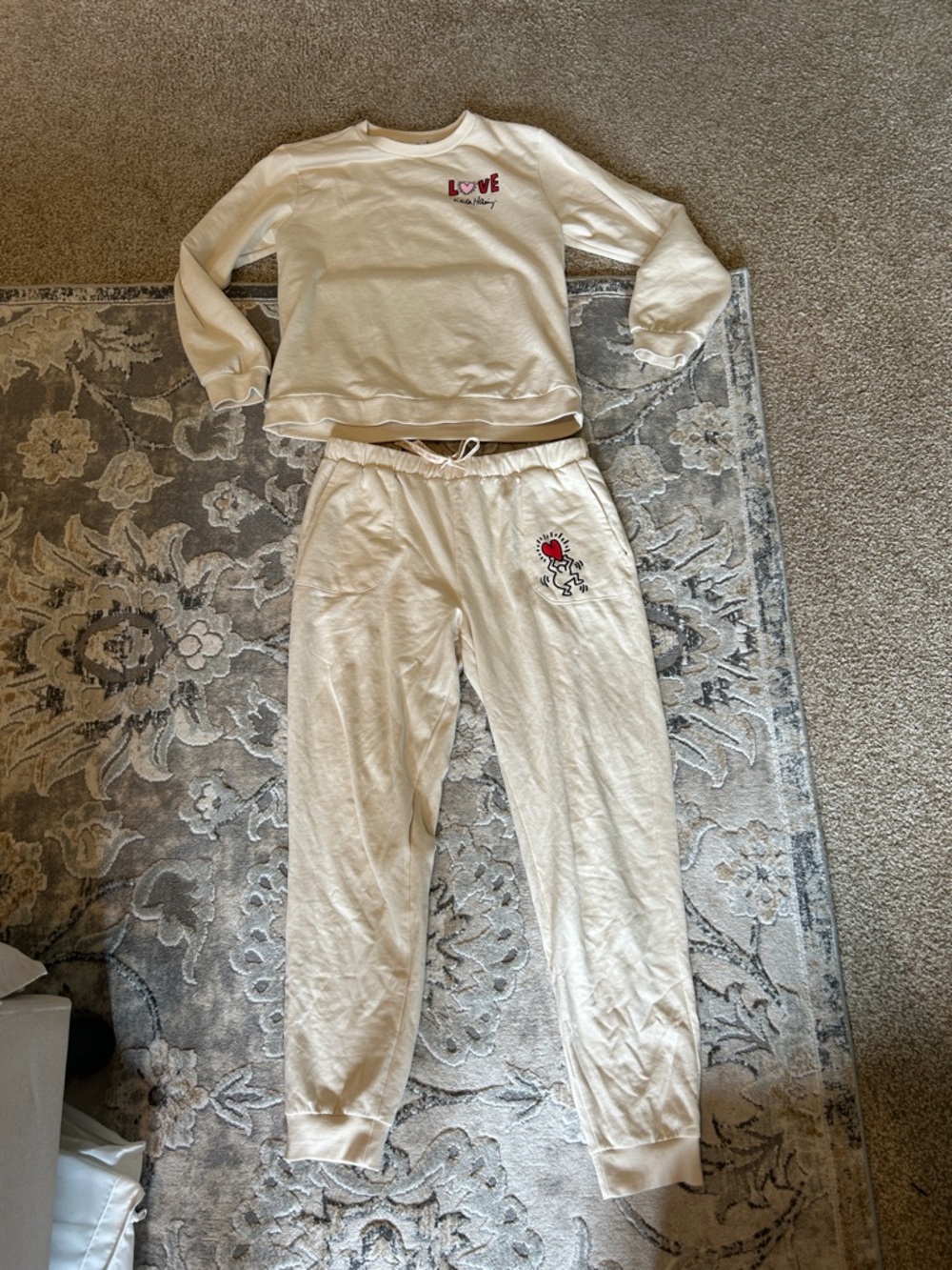 Kieth Haring Cream Two-Piece Lounge Set with Heart Graphic